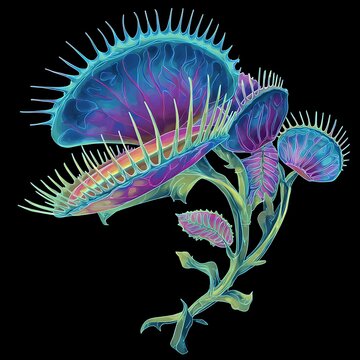 Neon venus flytrap plant with glowing blue and purple colors on black background carnivorous