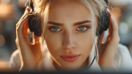 Fototapeta premium Portrait of young woman wearing headphones, looking at camera with calm expression. Customer service operator, online support, communication and help desk concept
