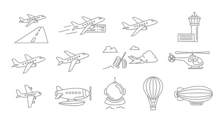 Diverse collection of aviation icons airplanes helicopters balloons and space exploration elements in line art © Shuvo
