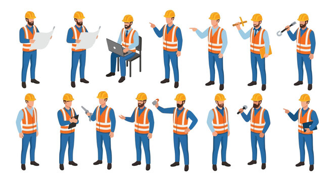 Isometric construction workers in various poses and with different tools