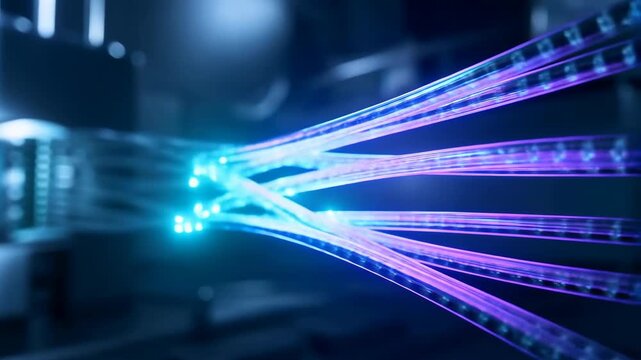 Fiber optic cables transmitting data with blue light pulses through a transparent network featuring technology, communication, internet with