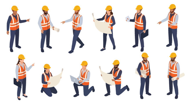 Isometric illustration of construction workers in various poses and actions