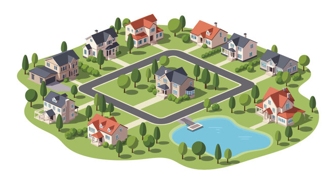 Isometric illustration of a colorful suburban neighborhood with houses and a pond