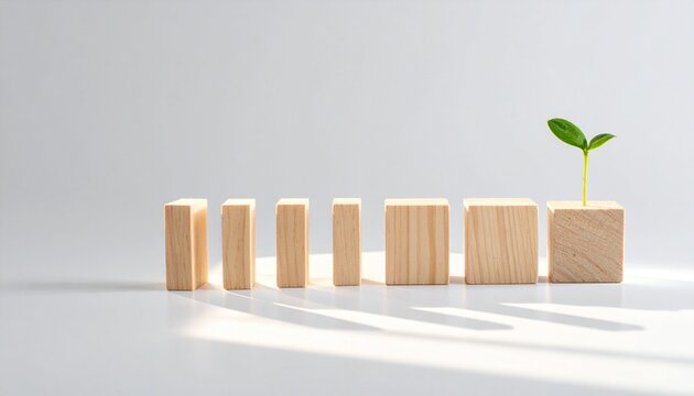 Time based wealth concept with sequential wooden blocks and plant sprout