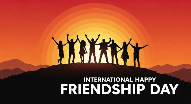 International happy friendship day celebration with group of people on hill at sunset