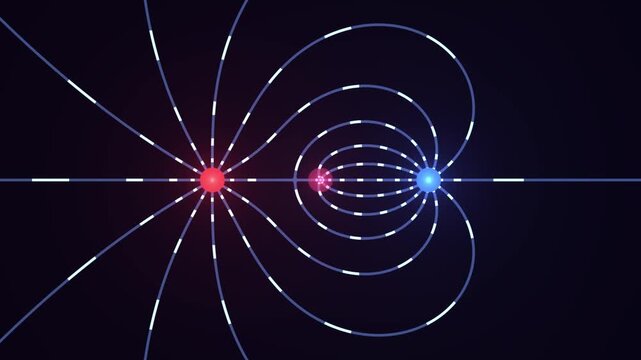 Animated glowing magnetic field lines connecting positive and negative point charges rotating