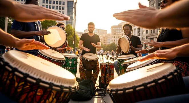 People playing drums in the city outdoors, hands on djembe