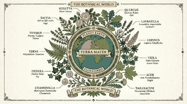 Vintage botanical illustration of earth surrounded by leaves and plants with latin names terra mater emblem