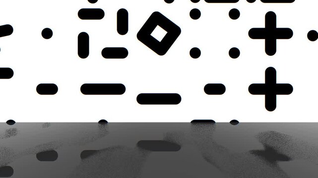 Falling abstract black geometric shapes and symbols on reflective floor against white background