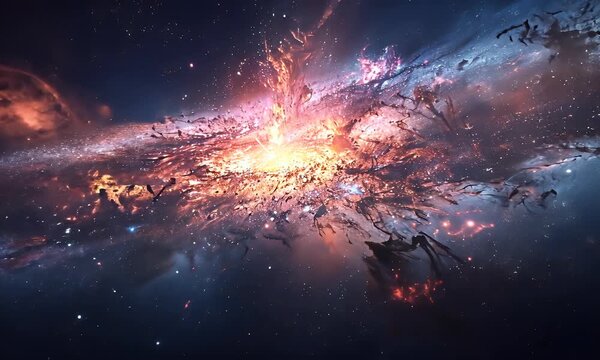 A vibrant galaxy explosion occurs in deep space with stars and planets.