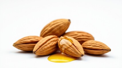 Obraz premium A pile of almonds accompanied by a single drop of honey, ideal for food or packaging use