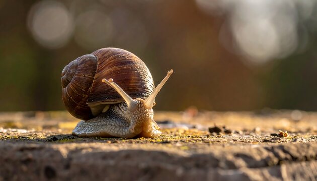 Close-up of a snail crawling on a wooden surface in sunlight.