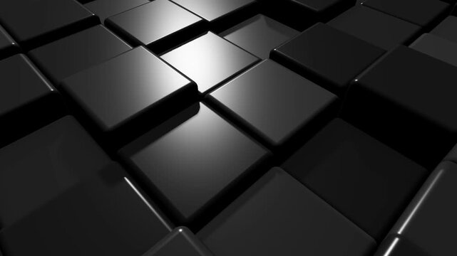 Black glossy geometric cubes moving up and down in a modern abstract 3D background