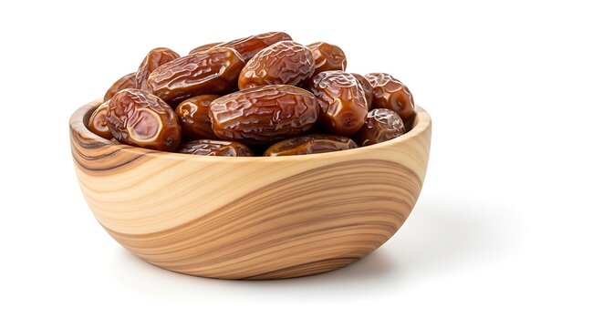 A small wooden bowl filled with a handful of fresh brown dried dates against a white background illustration