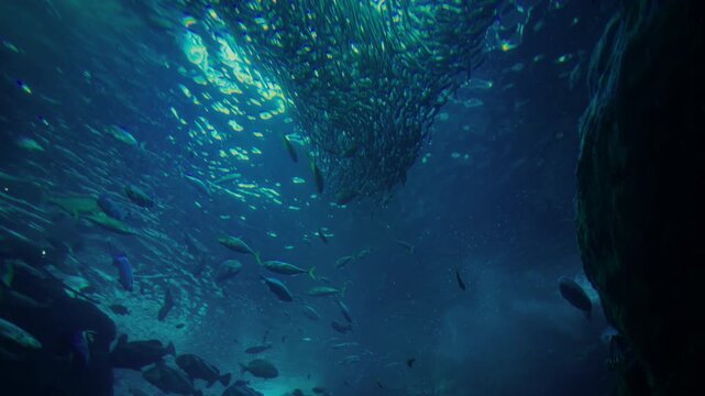 Marine underwater scene with fish swimming in calm blue water