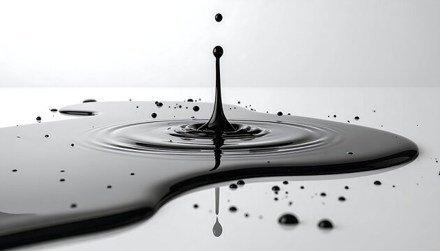 Dynamic black liquid splash creating a mesmerizing ripple effect on a reflective surface, illustrating the complex physics of fluid dynamics and surface tension