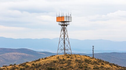 Naklejka premium Remote radar surveillance outpost conducting airspace threat monitoring across strategic defense zones using high-frequency detection systems and aerial tracking technology
