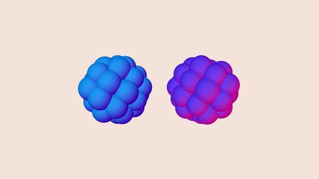 Abstract 3d render of two blue and purple spinning berry shapes on light background