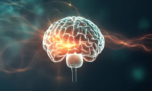 A glowing brain with vibrant orange and blue light trails on a dark background represents a human mind with active neurons and synapses.