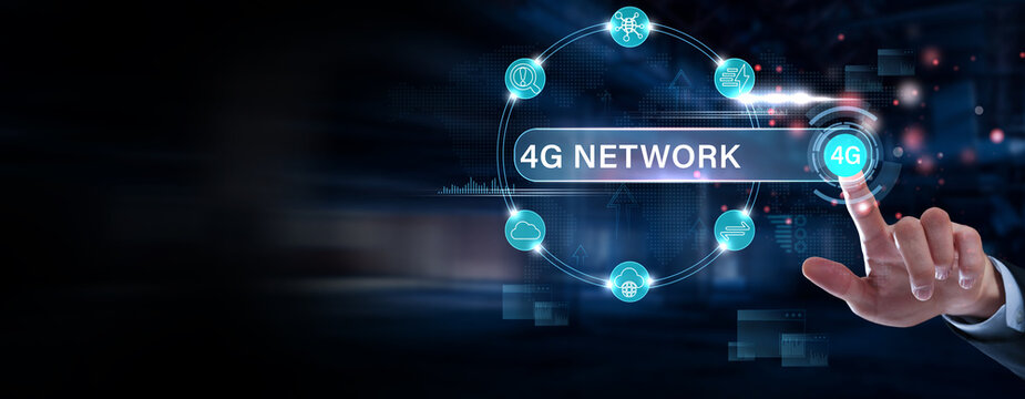 Businessman finger pointing on digital interface for 4G network connectivity analysis, mobile data optimization, telecom infrastructure performance, wireless communication technology concept