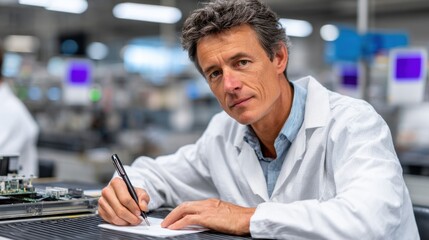 Obraz premium Male technician in white lab coat writes notes at a workstation with electronic components and machinery in a modern industrial facility