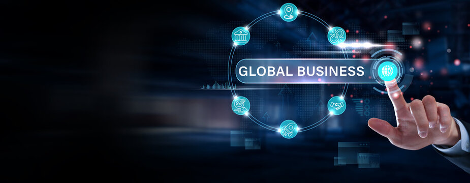 Businessman finger pointing on global business interface, international trade strategy, cross-border enterprise management, multinational partnership and corporate expansion concept