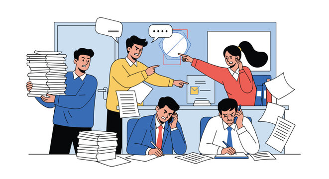 Stressful and chaotic office environment with people arguing and paper flying everywhere during a very busy workday at the company.