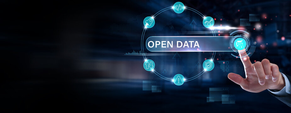 Businessman finger pointing on open data dashboard, public data platform, data sharing system, transparency management and government or corporate data accessibility concept