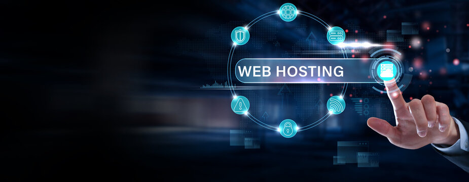 Businessman finger pointing on web hosting interface, server management dashboard, cloud website platform, website uptime monitoring and IT infrastructure solution concept