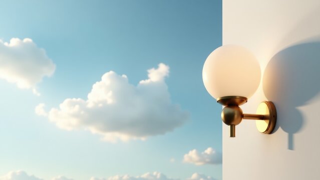 A simple wall with a light fixture and cloudy sky in the background