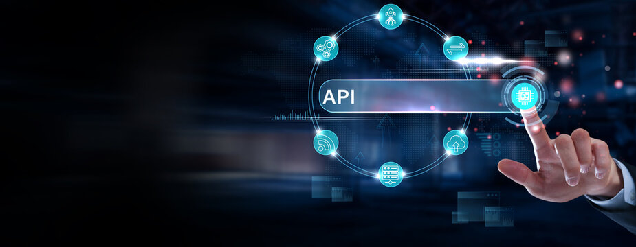 Businessman finger pointing on API integration dashboard, application programming interface system, software connectivity platform, data exchange automation and digital integration concept