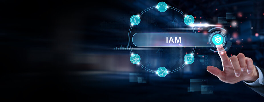 Businessman finger pointing on IAM interface, identity and access management system, user authentication dashboard, cybersecurity access control and data protection concept