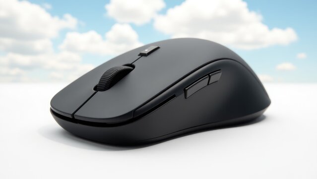 A computer mouse sits on a clean and simple white surface, great for use in presentations or product demos