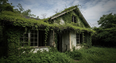 Fototapeta premium abandoned small house overgrown vines forest broken windows cracked walls nature reclaiming
