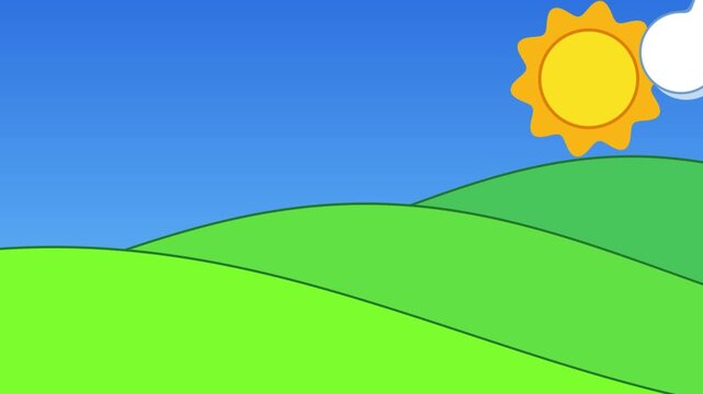 Cartoon landscape animation with rolling green hills bright sun and moving white clouds