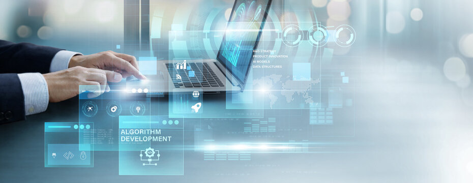 Businessman using laptop to analyze and control algorithm development data. coding dashboard, software engineering system, data processing, AI programming, innovation concept