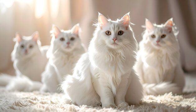 Four white fluffy cats