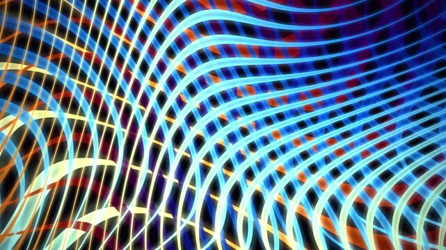 Abstract glowing neon light waves forming a dynamic digital mesh grid on dark background