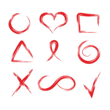 A dynamic illustration featuring nine red brushstroke symbols arranged in a 3x3 grid on a white background.