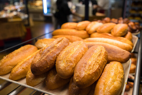 Warm freshly baked French bread at bakery