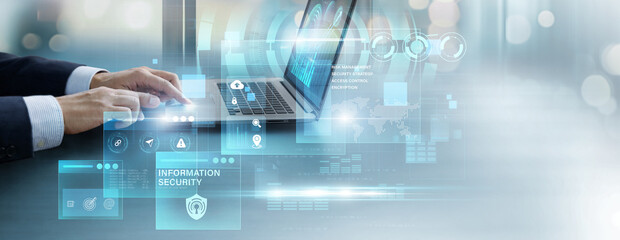 Obraz na płótnie Canvas Businessman using laptop to analyze and control information security data. data protection dashboard, cybersecurity system, risk management, secure network concept