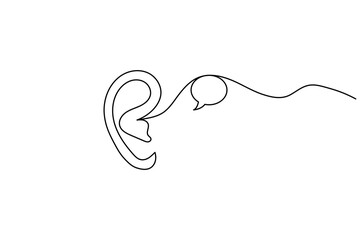 Obraz premium Continuous line drawing human ear with speech bubble white background