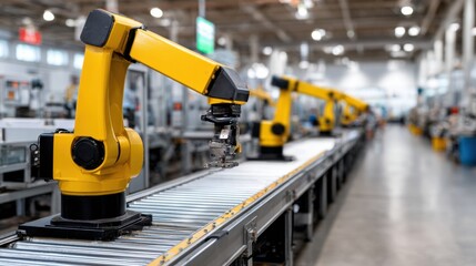 Fototapeta premium Industrial robotic arm in yellow color positioned above a conveyor belt inside a modern manufacturing facility with multiple robotic arms visible in the background