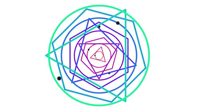 Colorful nested polygons and circles rotating with orbiting dots on white background