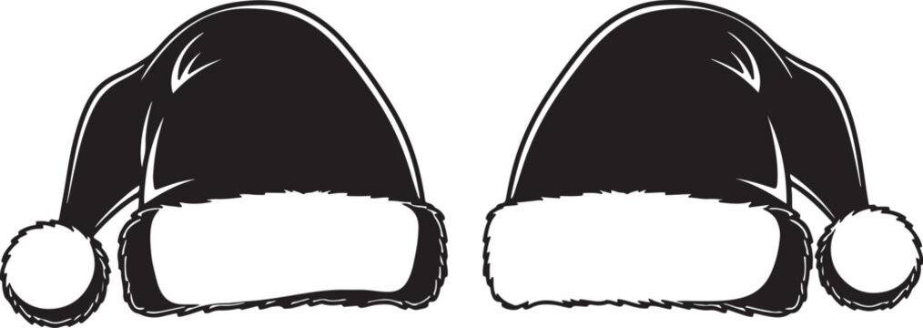 Two black and white of santa claus hats with white trim and pom poms also transparent background santa hat