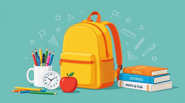 Yellow school backpack with books apple clock pencils and cup on green background