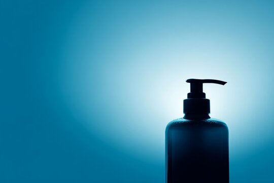 Silhouetted pump bottle against blue background with backlight