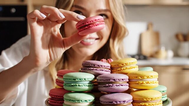 Smiling young blonde woman with blue eyes wearing a white shirt looking at a colorful stack of assorted French macarons on a plate in a bright modern kitchen setting.