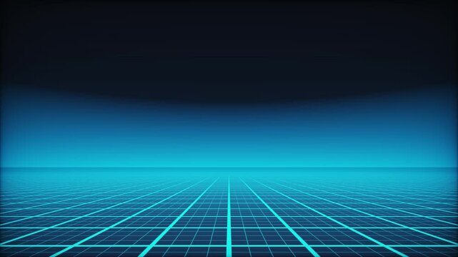 Blue neon glowing retro futuristic grid landscape in cyberspace synthwave background