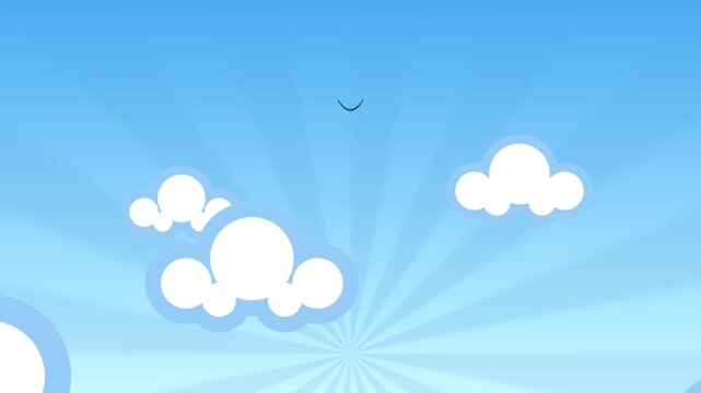 Cartoon sky background animation with floating white clouds sun rays and a flying bird